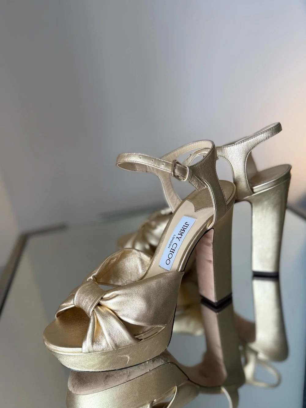 Jimmy Choo Heloise 120 Gold Metallic Nappa Leather Platform Sandals 38.5